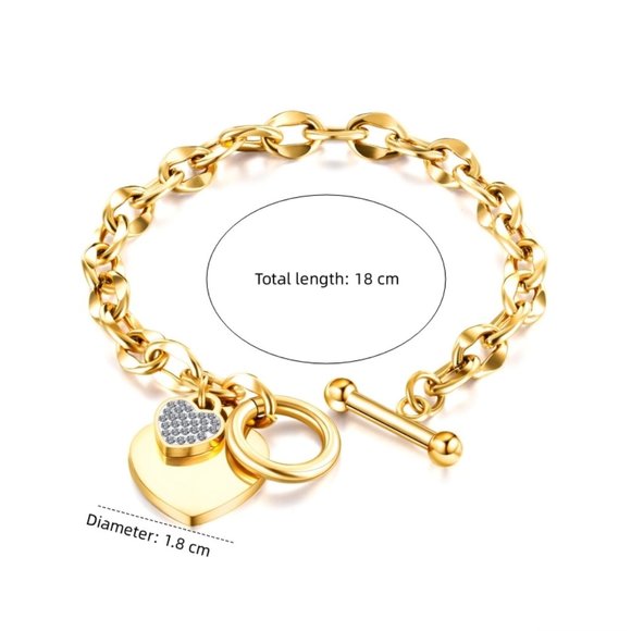 3/$35 Gold Plated Heart Charm Chain Toggle Bracelet Rhinestone Steel Diamond - Picture 7 of 7